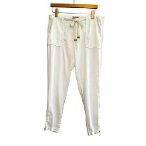 JUICY COUTURE White Linen Cotton Pants Large Drawstring Ankle Zip Y2K Minimalist